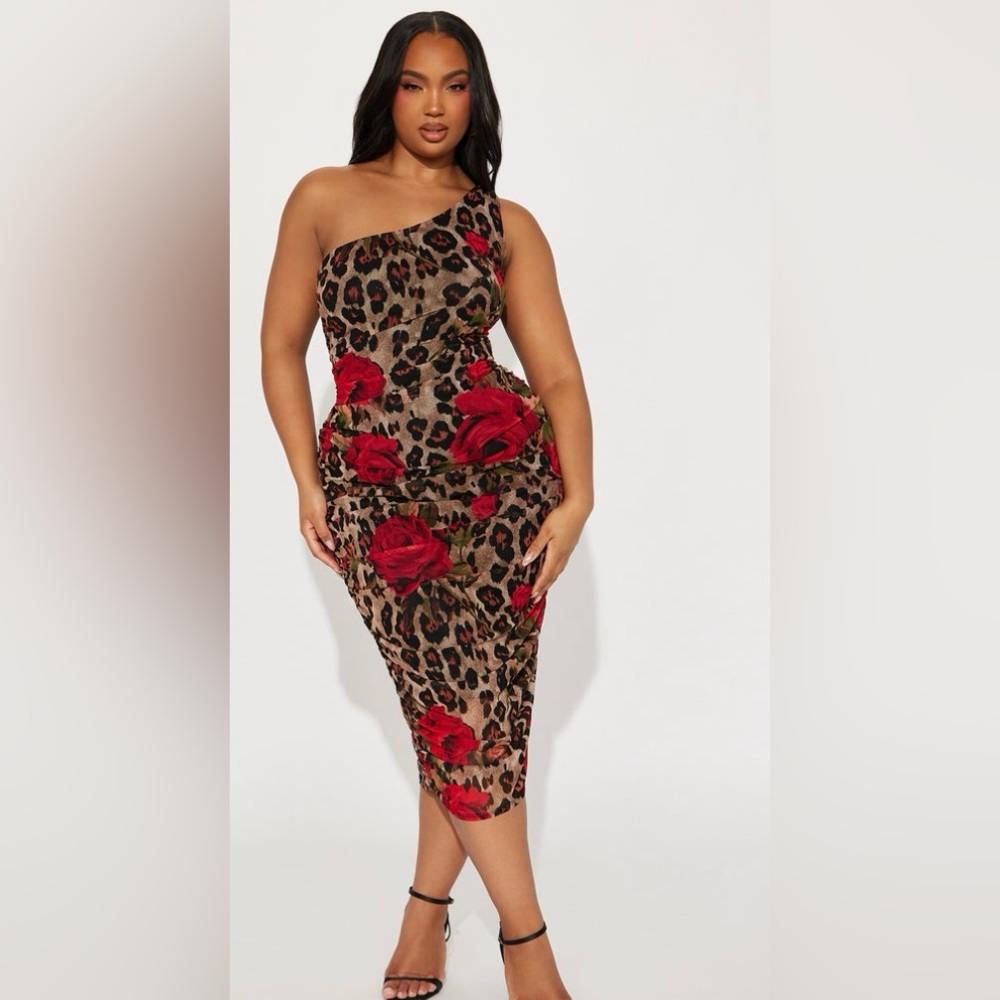 Fashion Nova One-Shoulder Leopard Dress with Red Accents